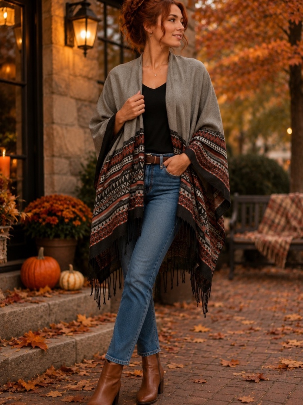 Reversible Aztec Geometric Fringe Poncho Wrap | Black Gray Rust Red